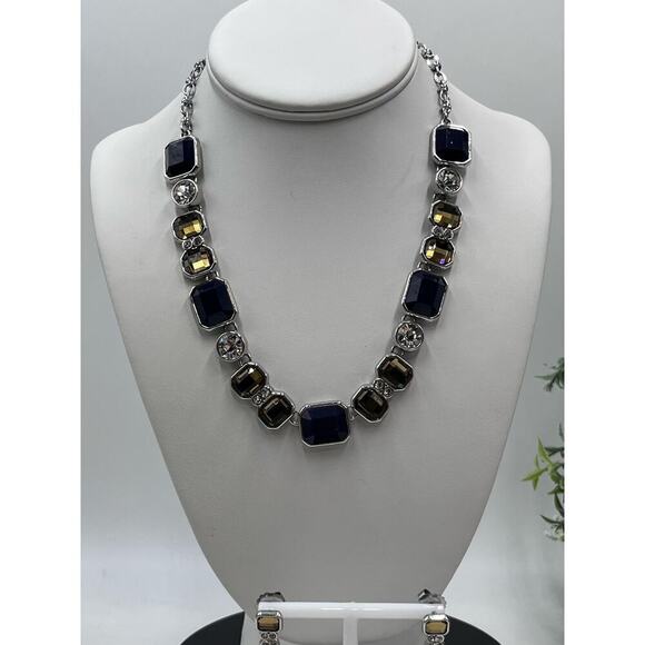 Lia Sophia Drama Club Blue Yellow Rhinestone Silver Tone Necklace Earring Set - Picture 2 of 14